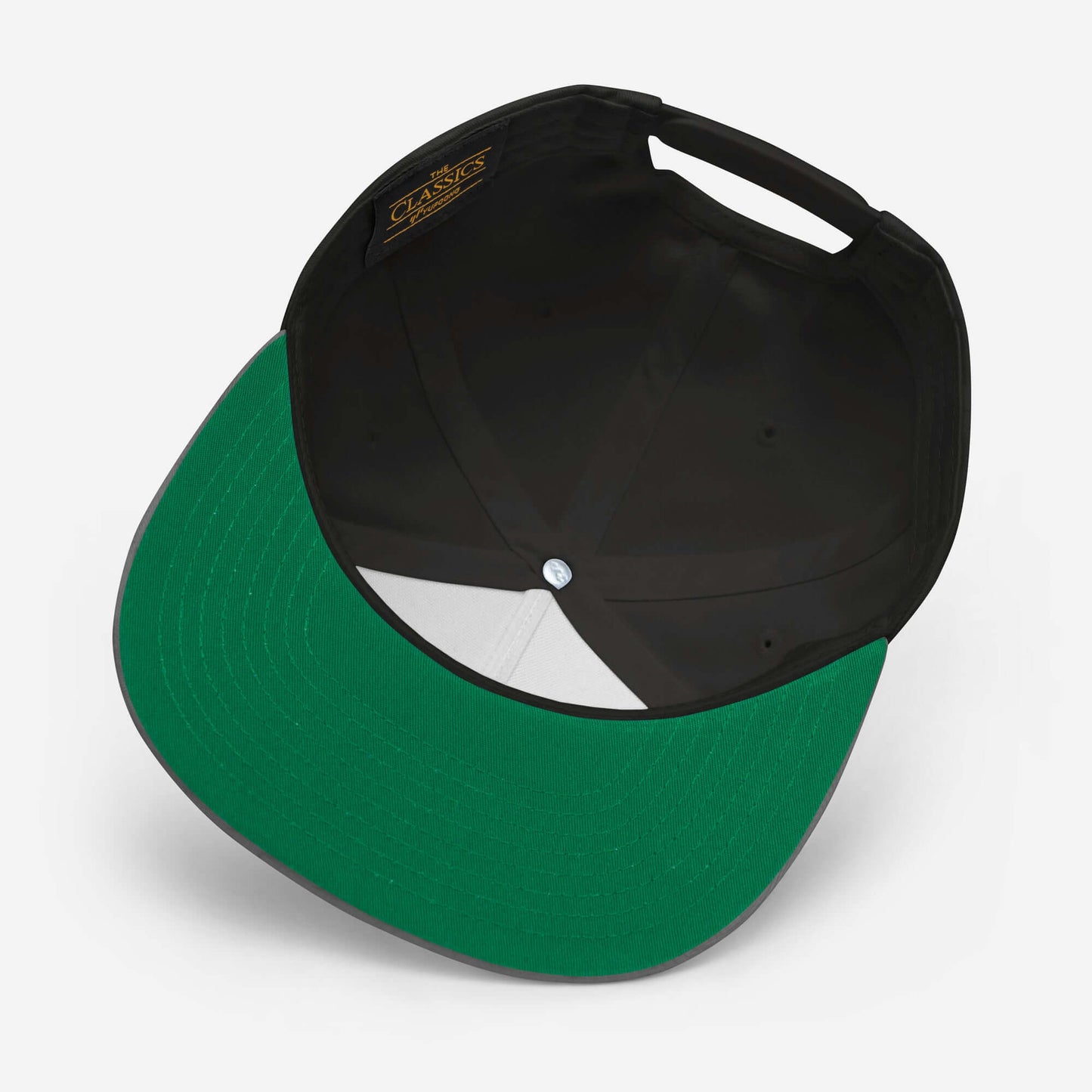 Flat Bill Cap with green undervisor showcasing its structured five panel design from above.