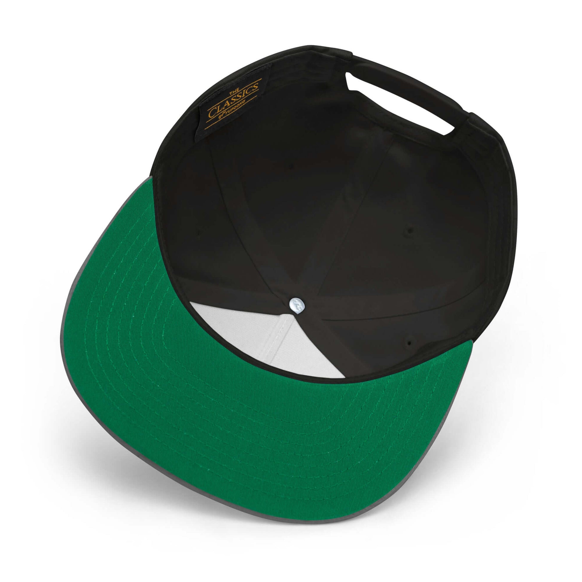 Inside view of a Flat Bill Cap featuring a green undervisor and structured design.