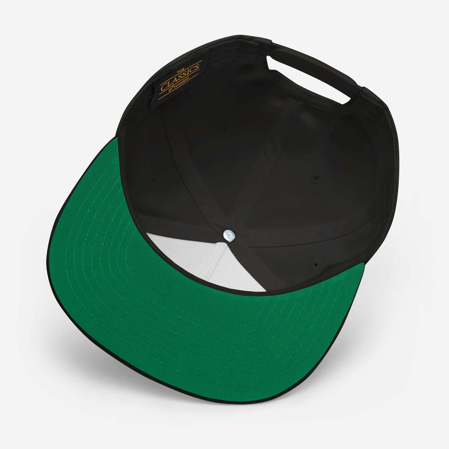 Flat Bill Cap with a green undervisor and structured design, showcasing a high-profile fit.