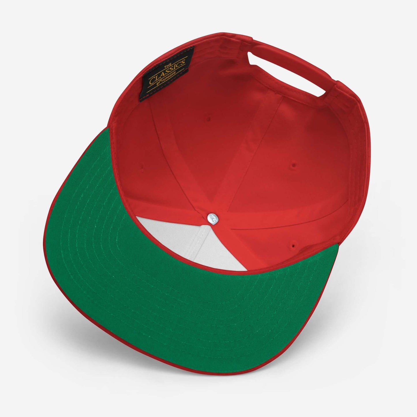 Flat Bill Cap with a red body and green undervisor showcasing a structured design.